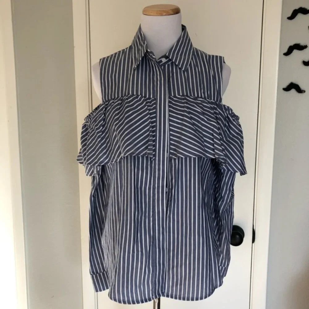 Harlowe & Graham Blue White Striped Cold Shoulder Long Sleeve Button Down Blouse - Picture 4 of 9